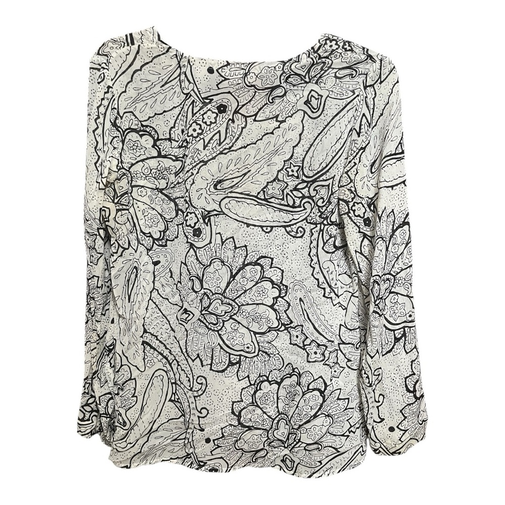 Silk Black and White Graphic V Neck Blouse L